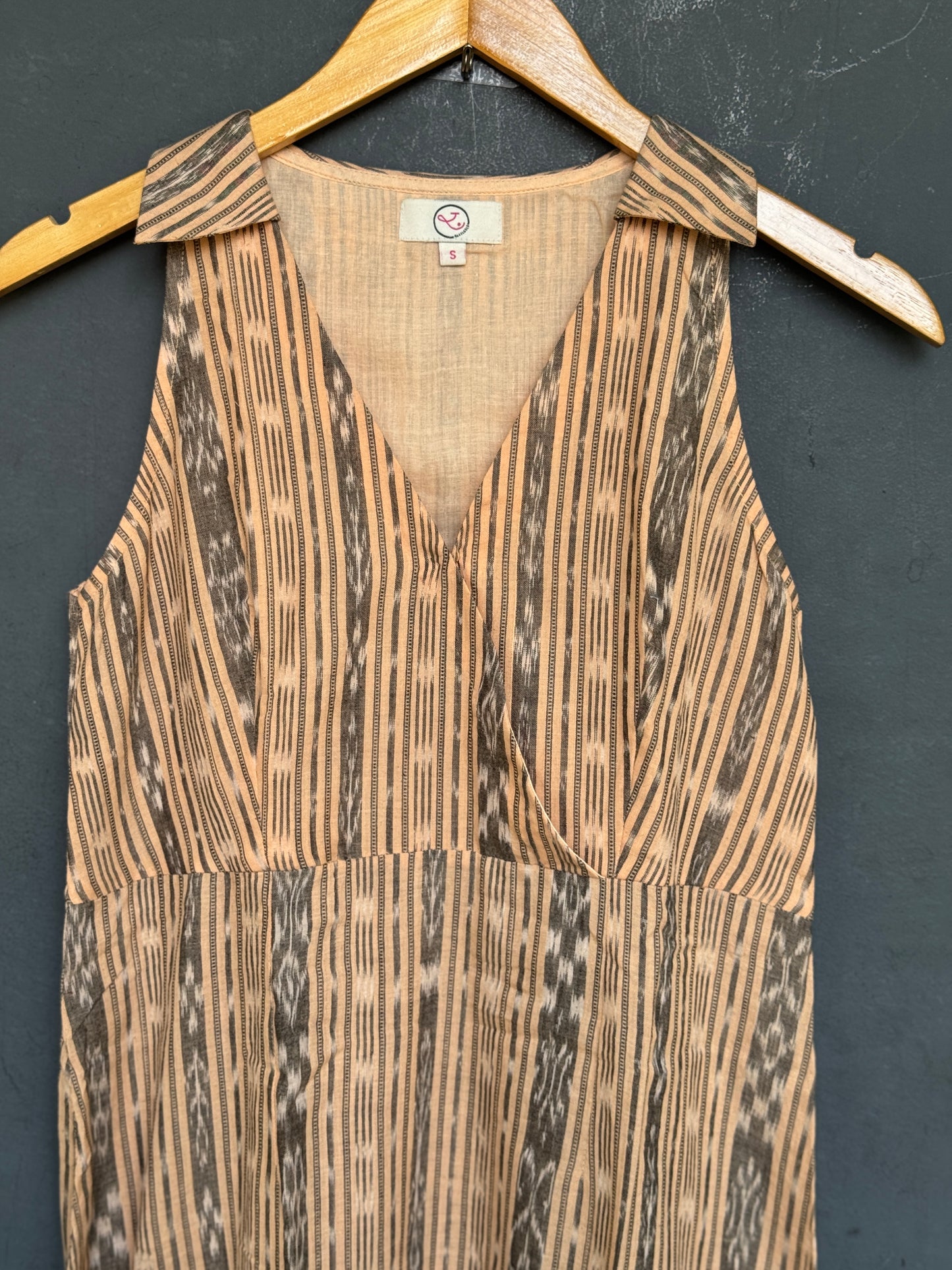 Beige Ikat cotton hand woven v-neck dress