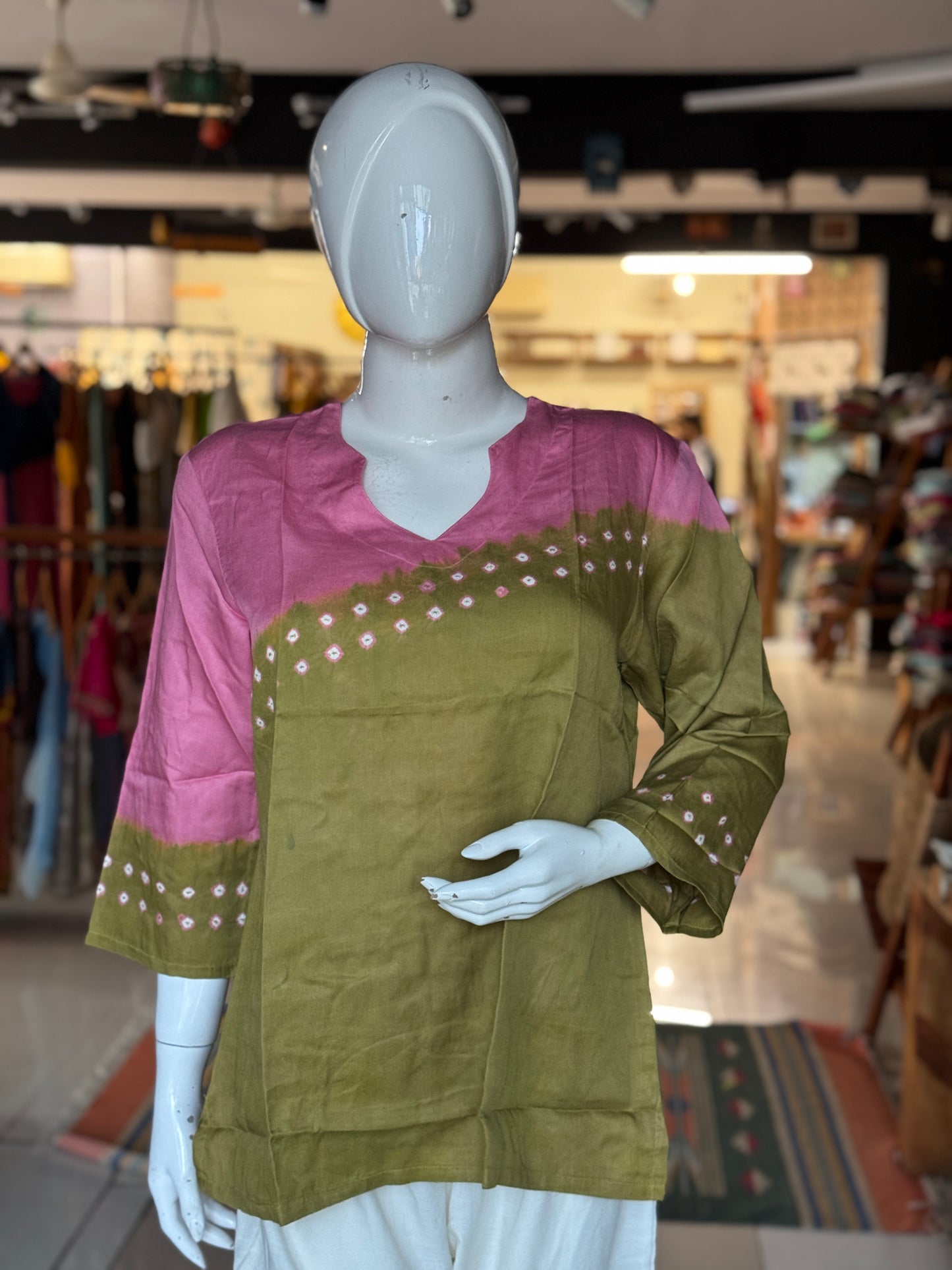 Placement bandini 3/4th sleeves tie n dye cotton tunic top / short kurti - multiple colors n designs available