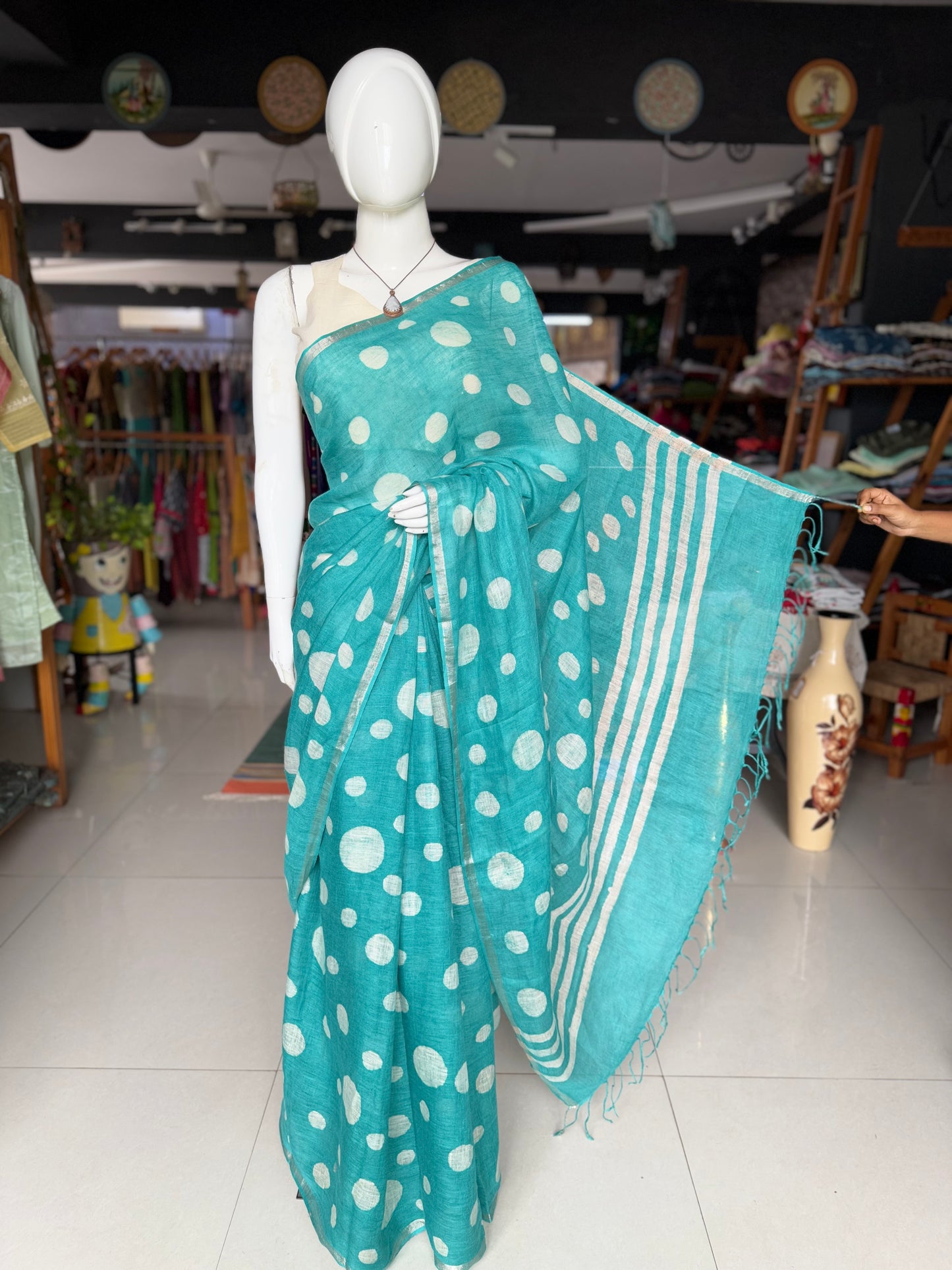 Sea green circles design hand batik linen saree