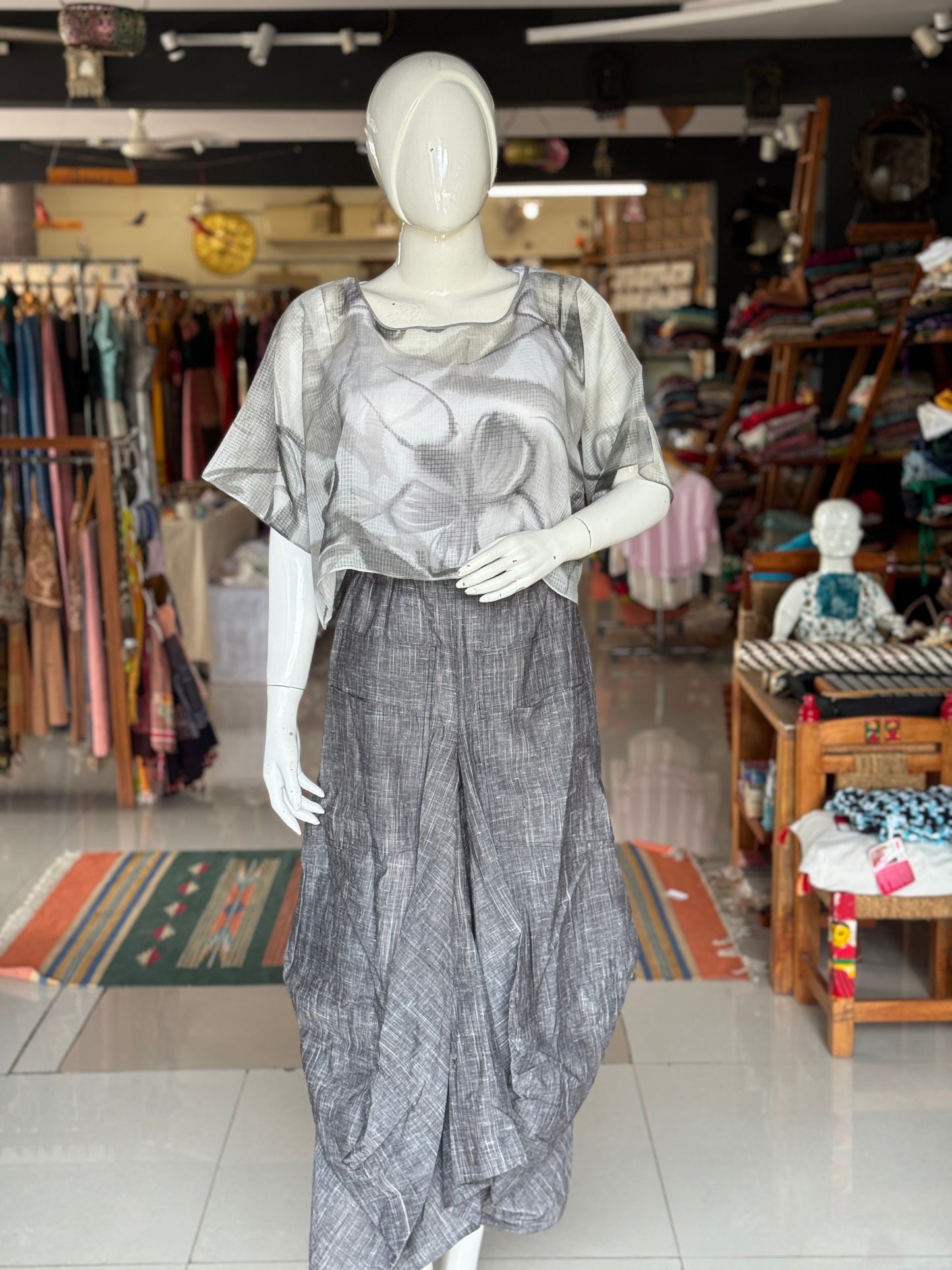 Grey flowers handpainted kota cotton kaftan crop top