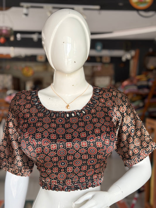 Black mashru Ajrakh blouse with mirror work on front neck and back
