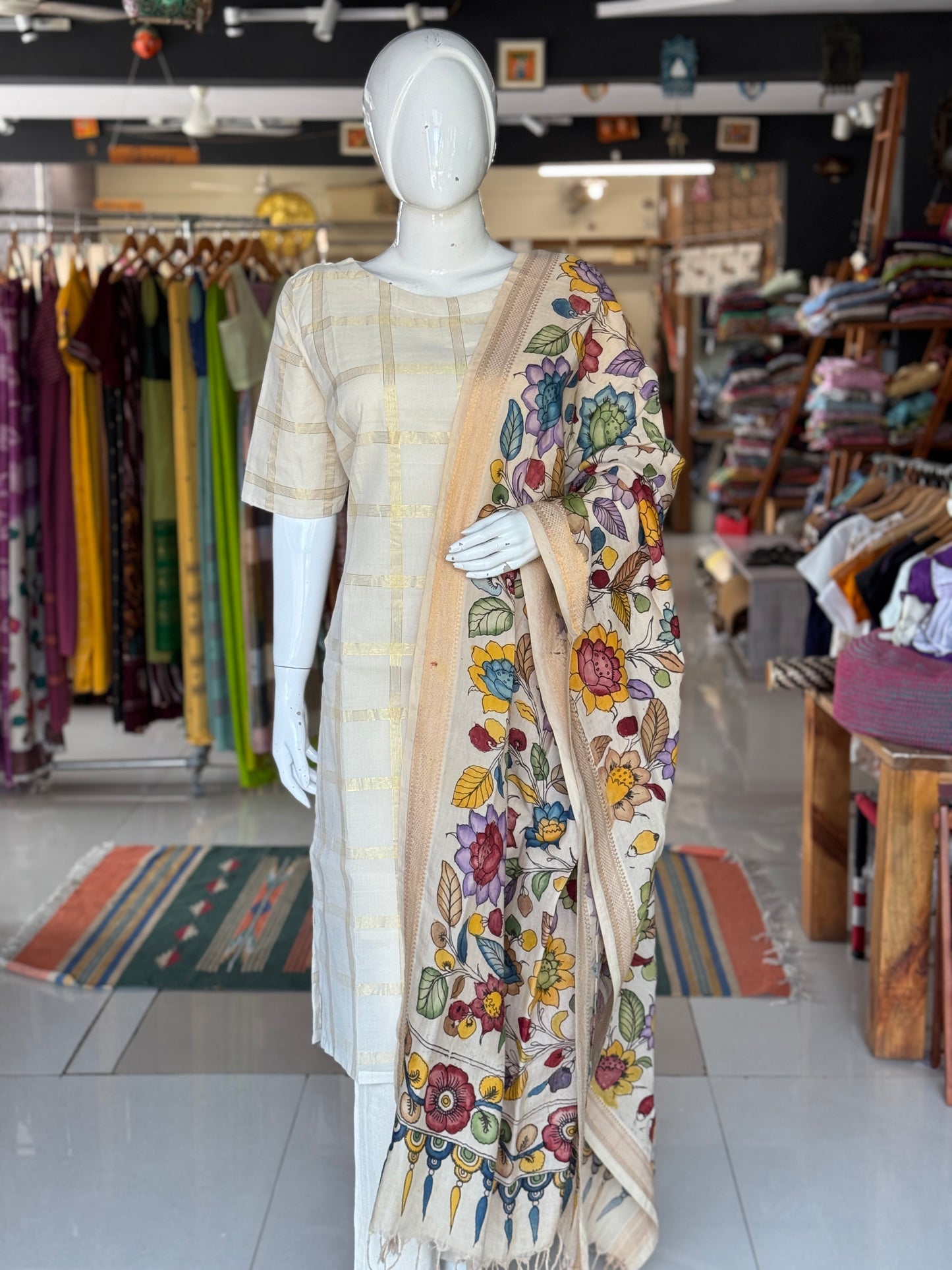 Colorful floral handpainted on Cream base Bangalore silk dupatta