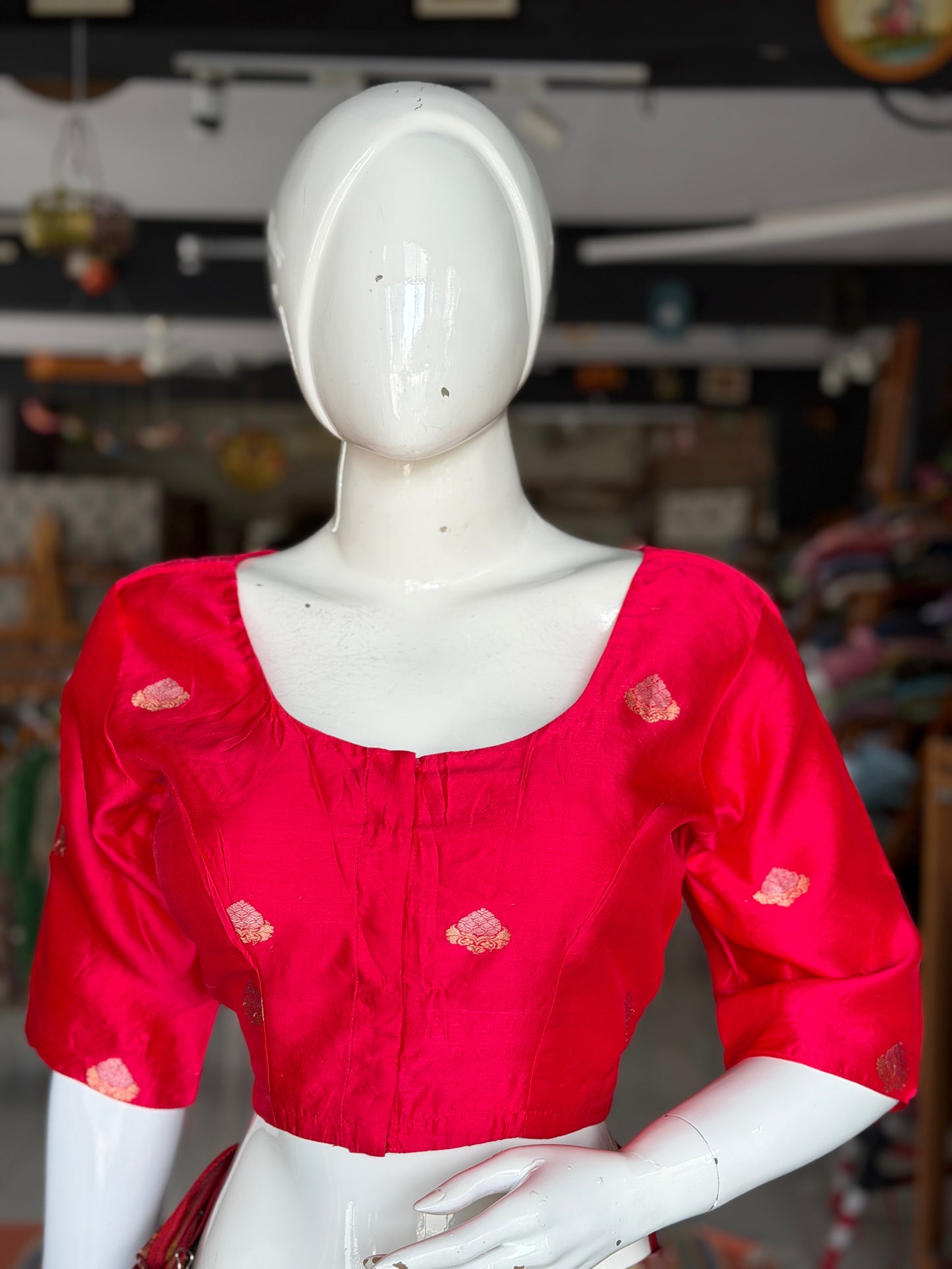 Red with gold and silver butis handwoven silk blouse