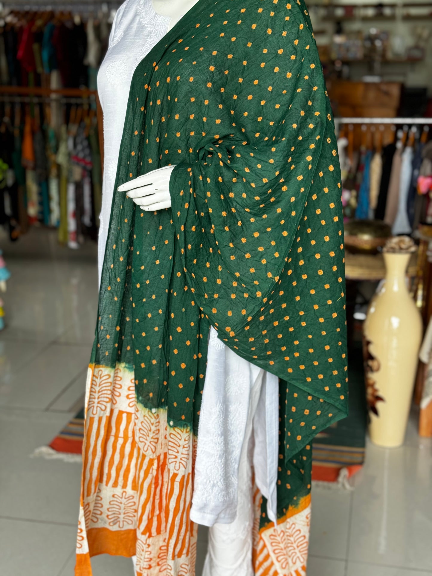 Green soft cotton bandini tie n dye dupatta with orange batik palla