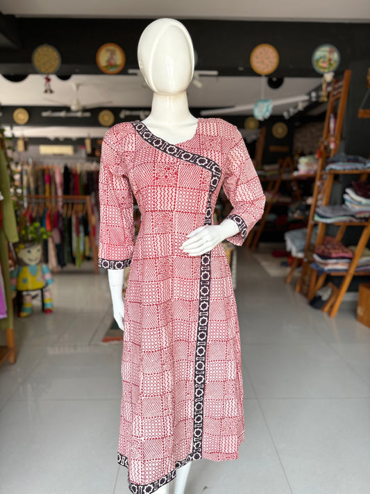 Maroon and cream hand block printed soft cotton angrakha style dress with border