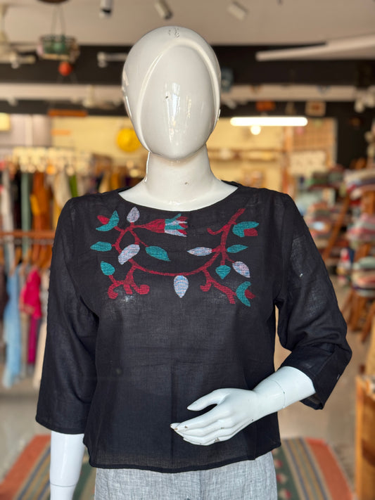 Black Jamdani cotton handloom top with floral motif on the front