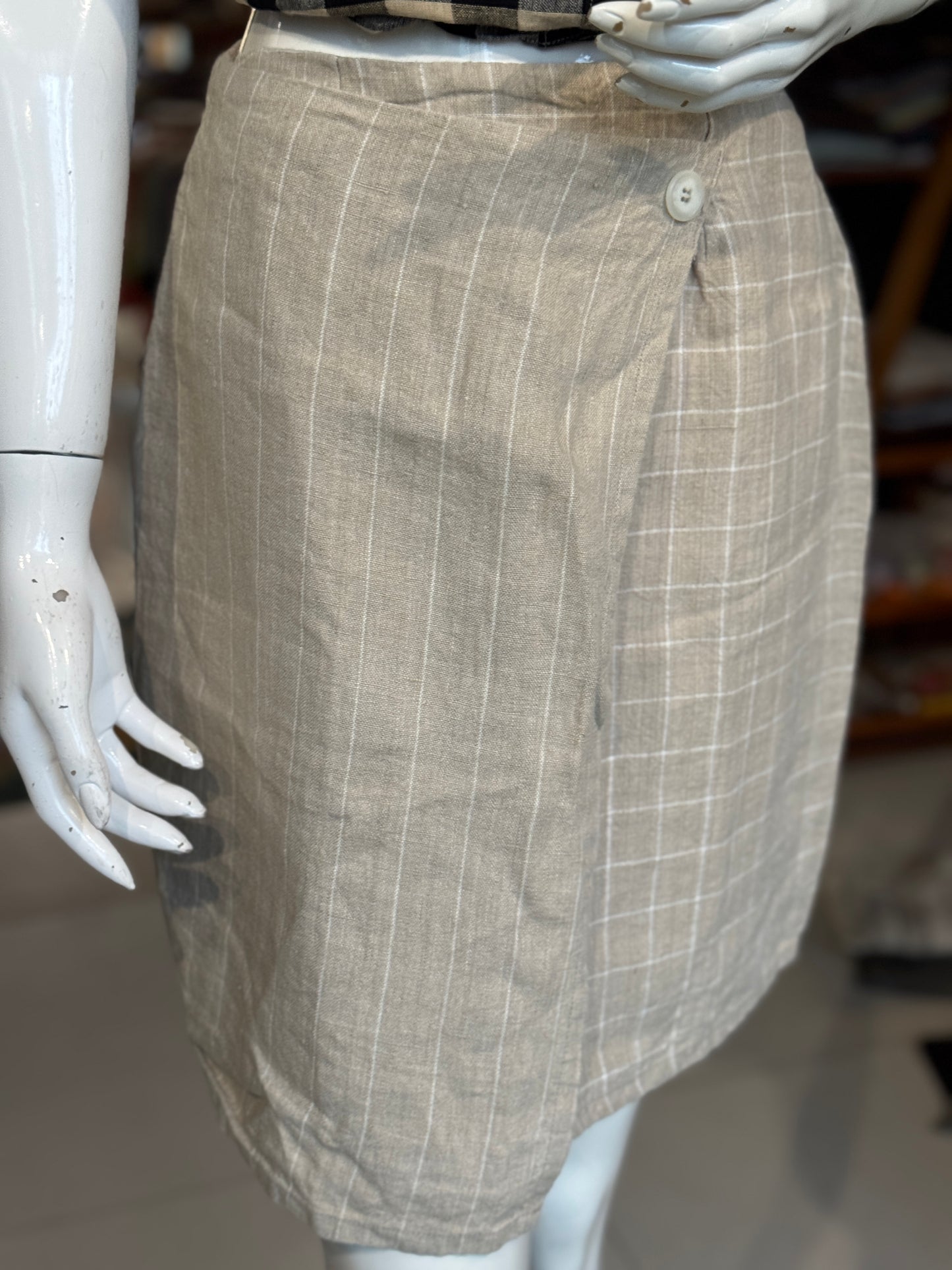 Beige checks n stripes flap skirt - Women’s formal skirt with back zipper