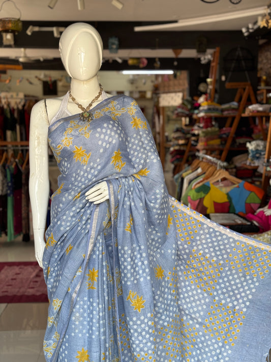 Pastel blue dots n flowers hand block printed linen saree