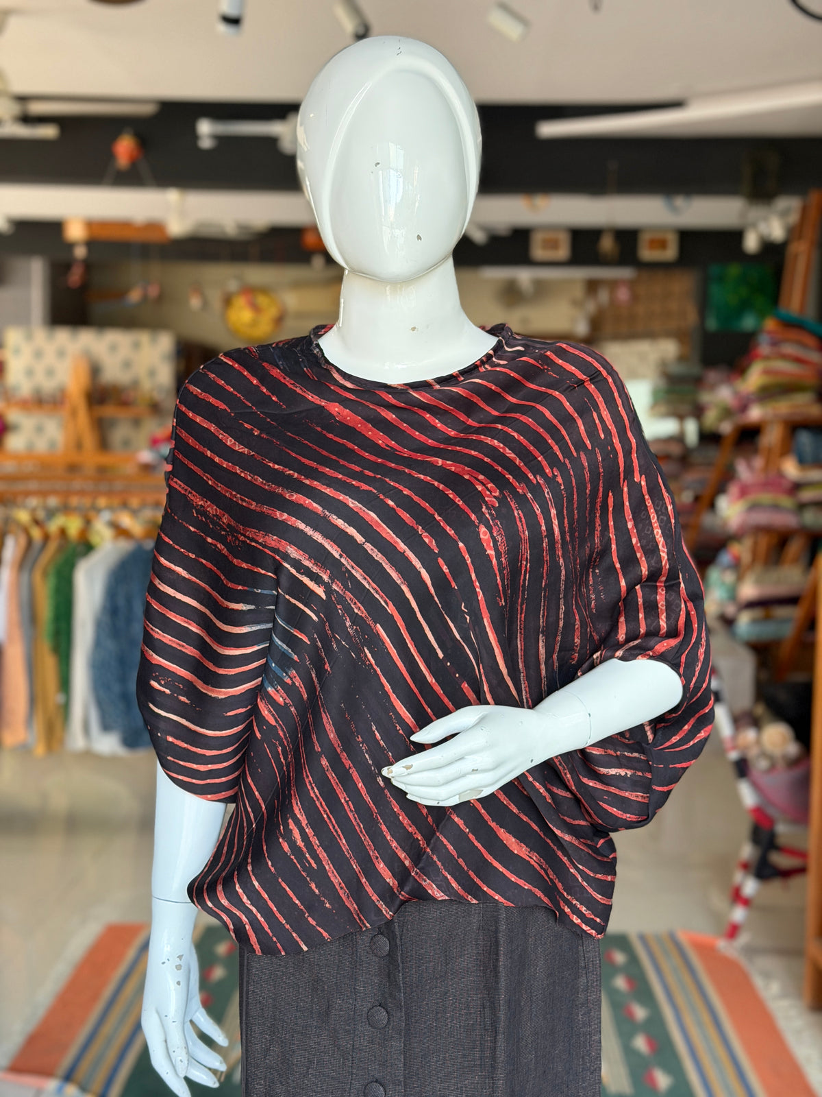 Black and red stripes modal Ajrakh hand block printed oversized top