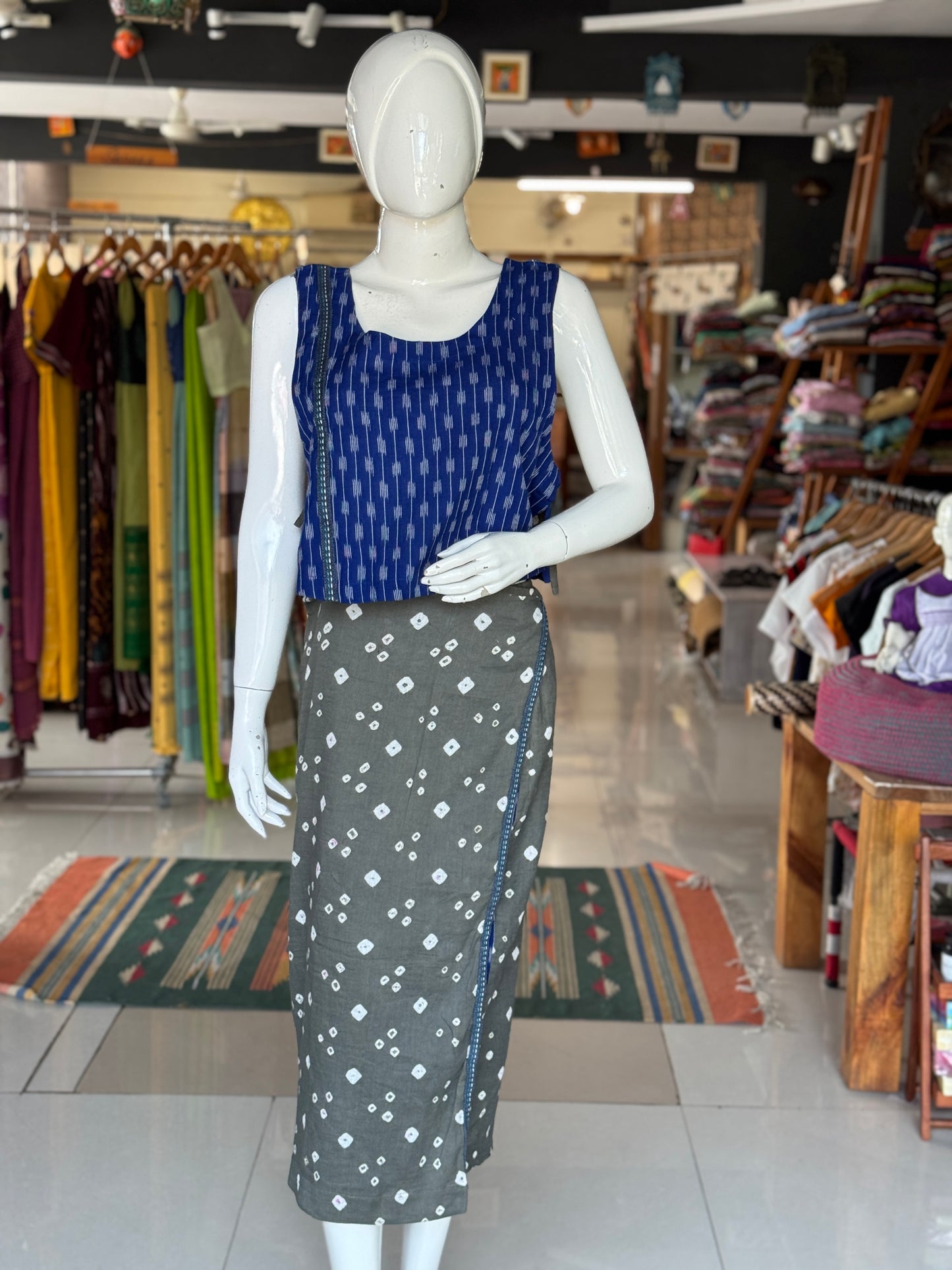 4 way handcrafted cotton coord set - free sized side ties crop top and calf length wrap around skirt