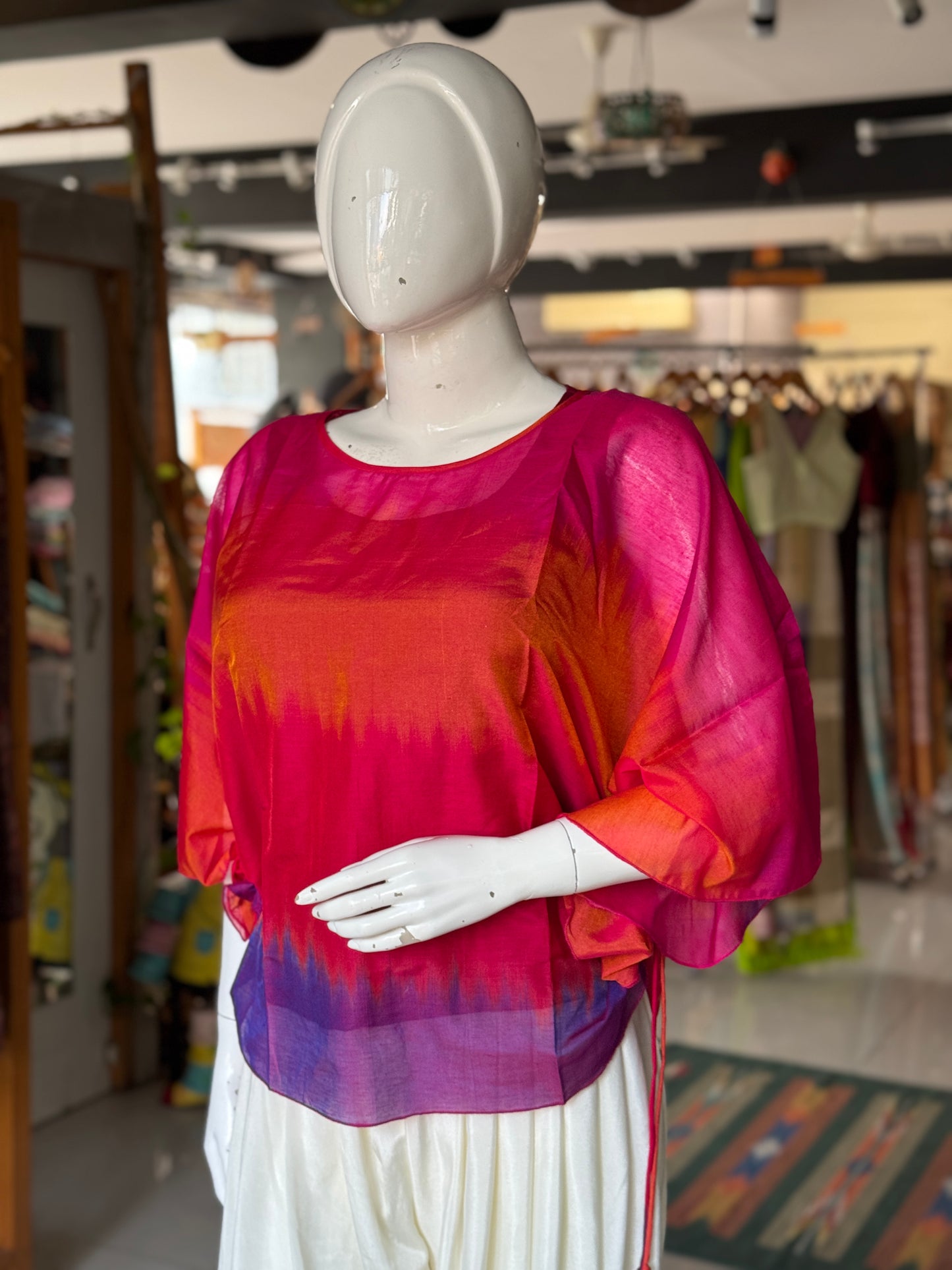 Pink orange purple red tie n dye silk top with side pulls - free size