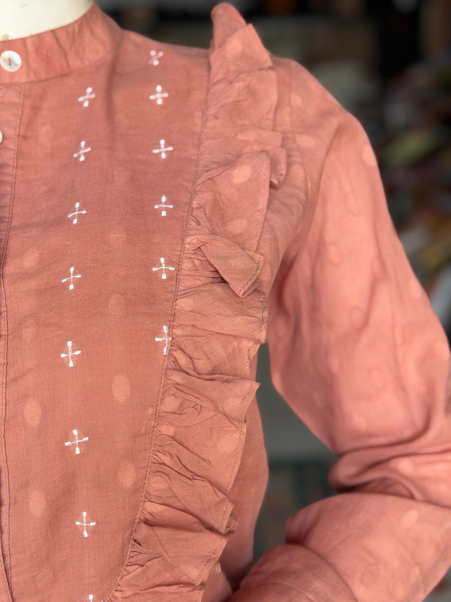 Peach dobby cotton ruffles full sleeves top