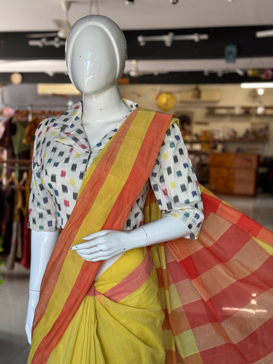 Yellow orange vertical split handloom cotton saree