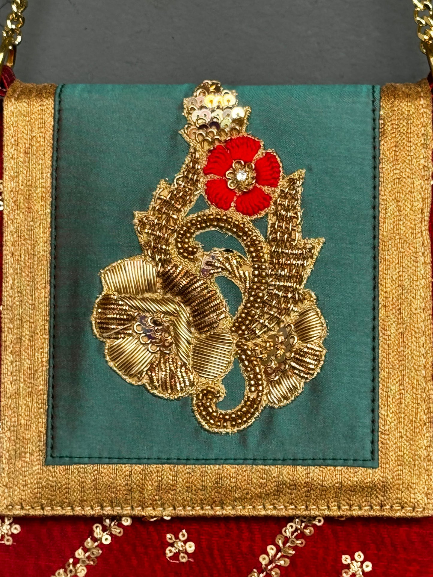Silk embroidered party bag with chain
