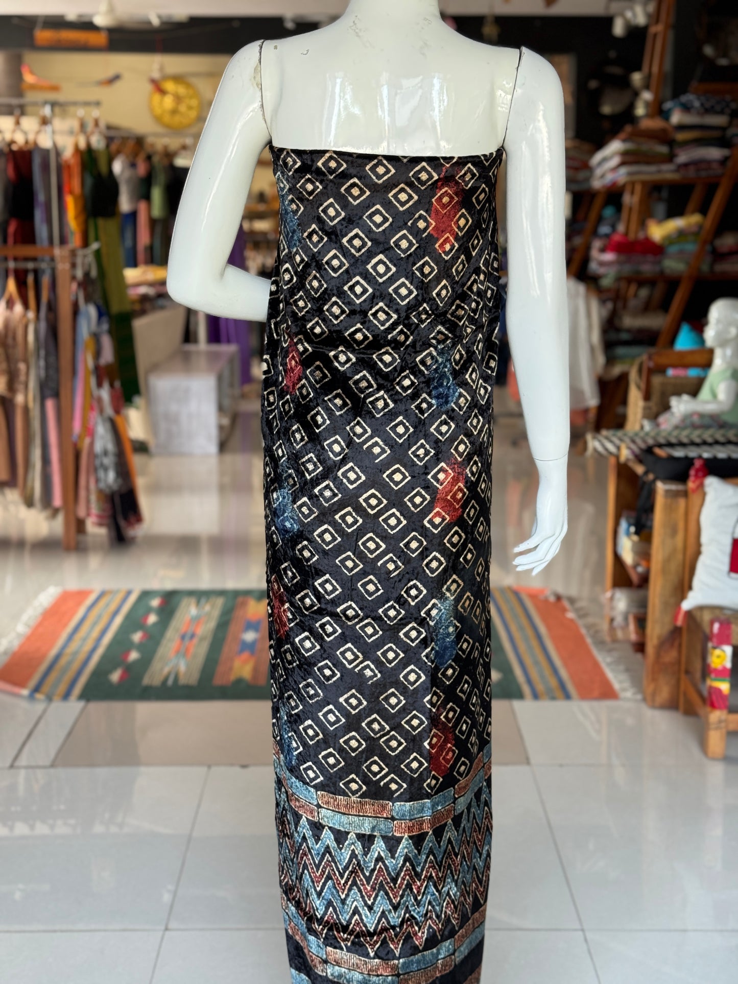 Velvet kurti fabric with Ajrakh hand block prints