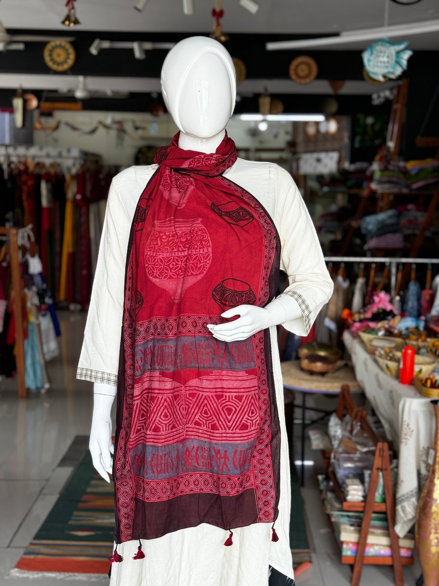 Museum on your shoulders - maroon cotton stole with hand block Ajrakh prints - Harappan pots design