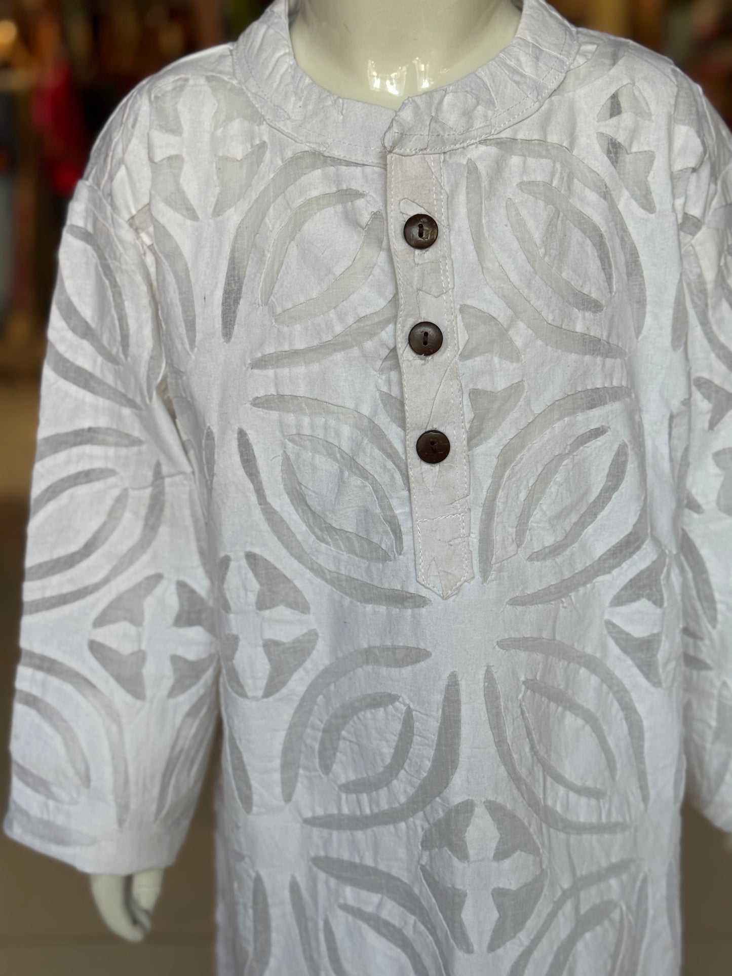 White applique long cotton kurta for boys - handcrafted clothing