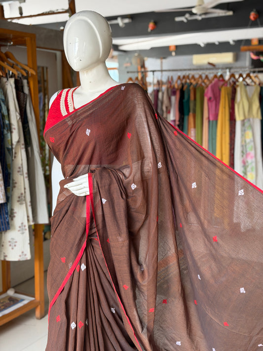 Brown Jamdani handwoven soft cotton yardage / saree