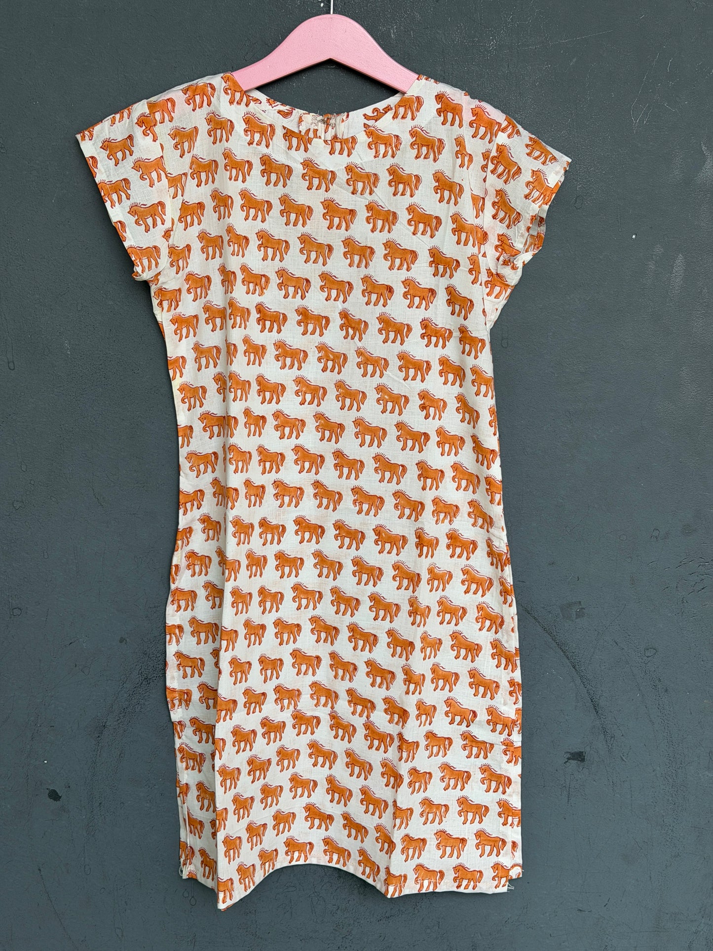 White and orange horses print cotton straight cut Kurti for girls - hand block printed