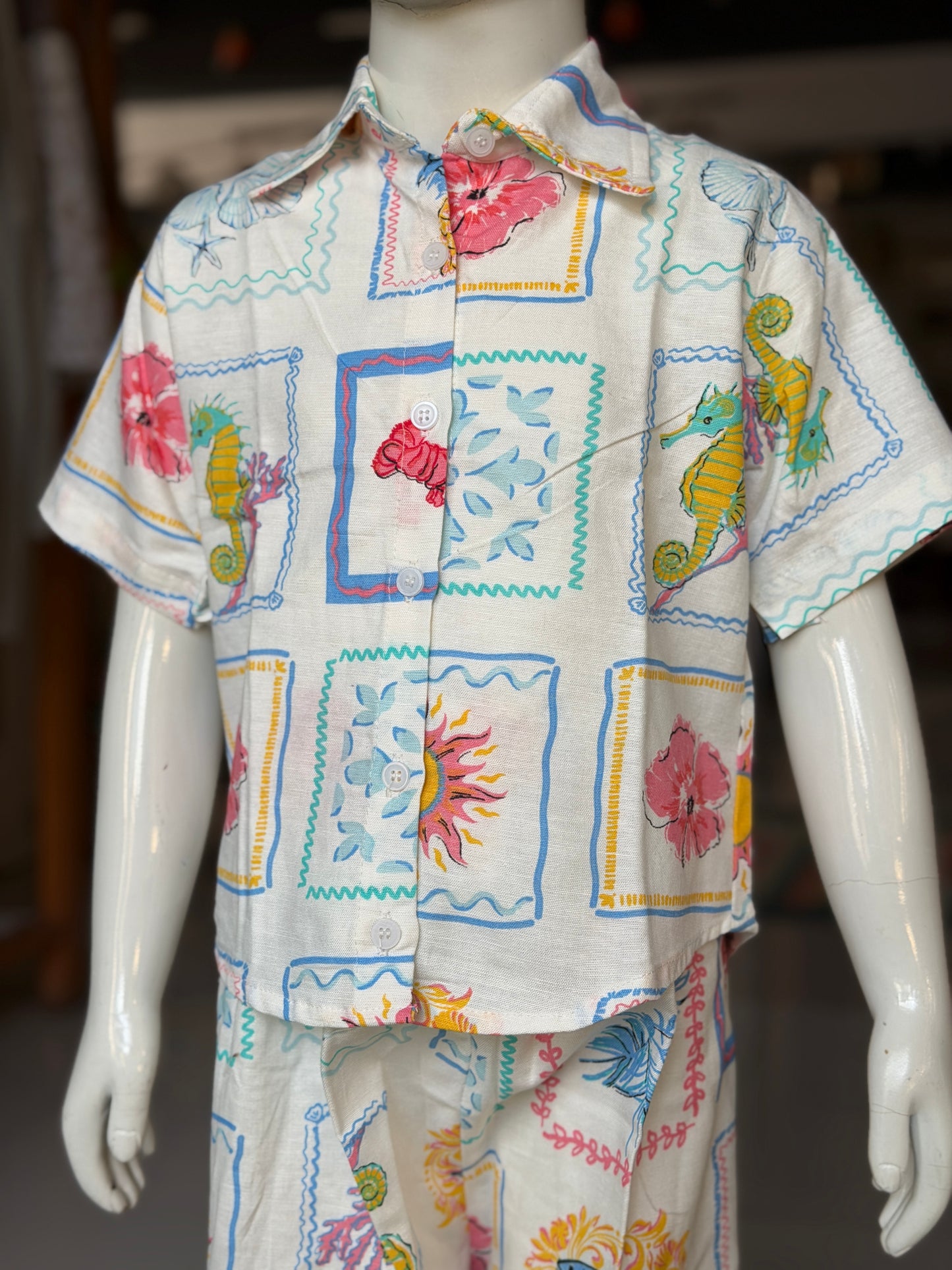 White Sea world, flowers, fruits print collared top pant coord set