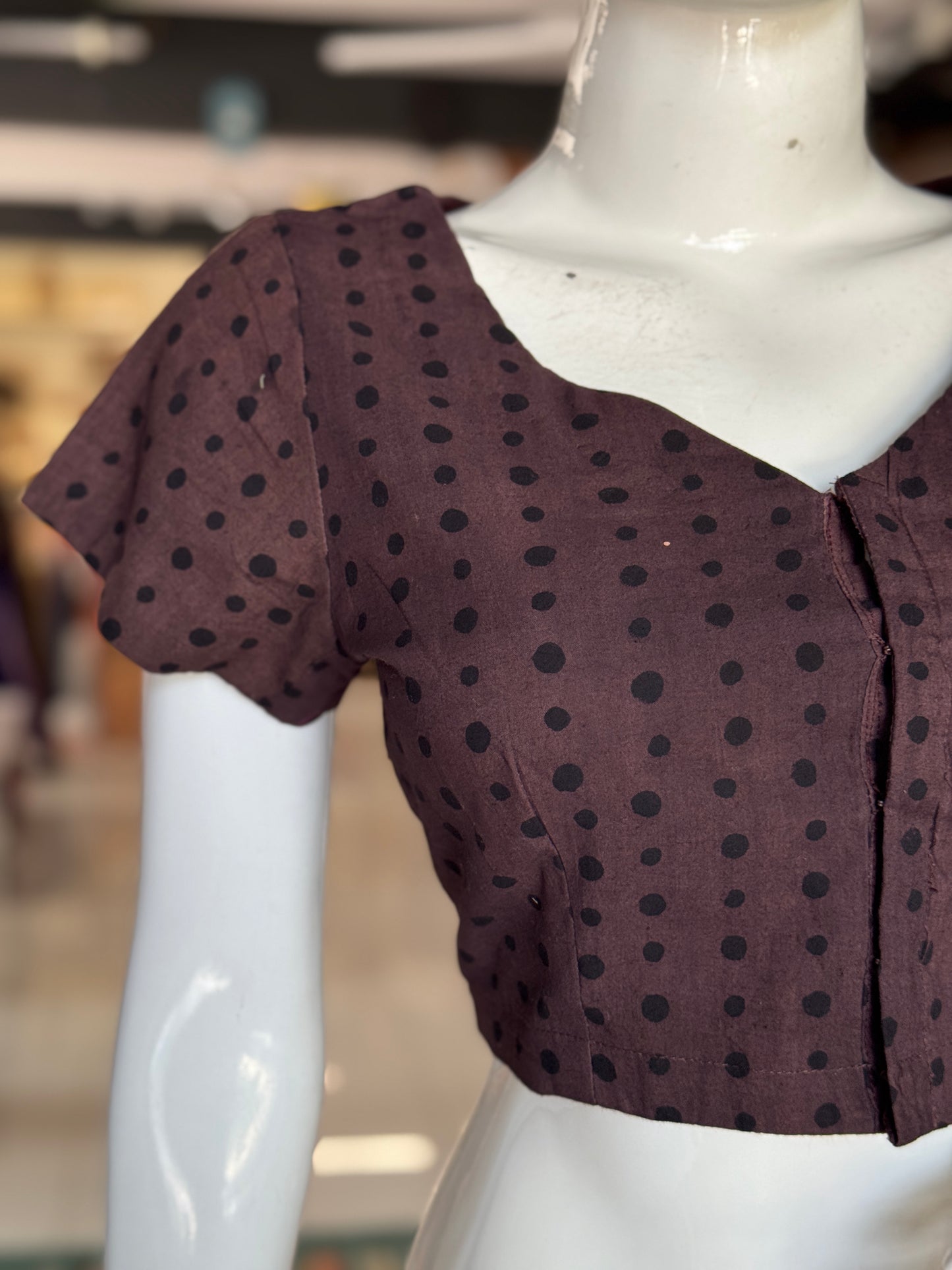 Coffee brown polka dots Ajrakh handblock printed, natural dyed cotton front open blouse