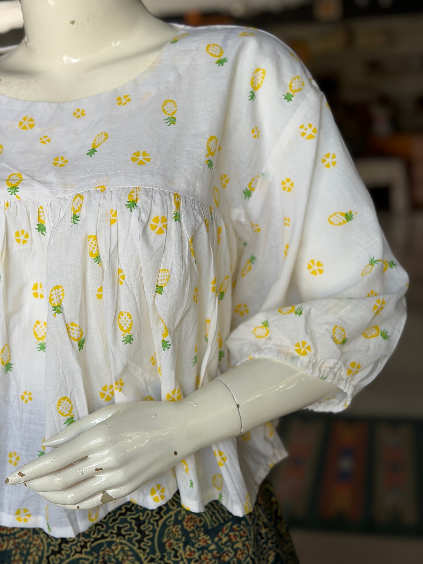 White pineapple hand block print fancy sleeves cotton top