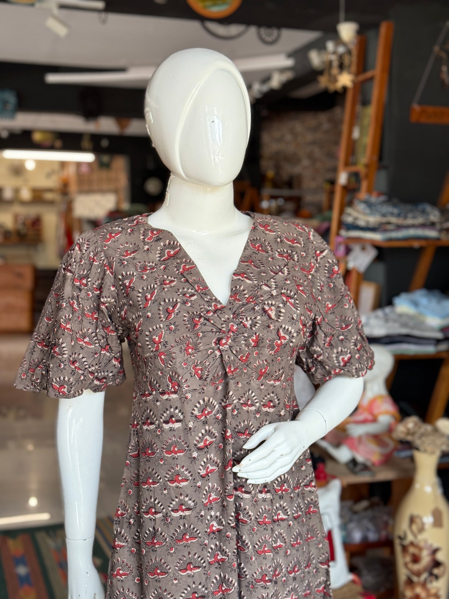 Grey peacock hand block printed twisted front cotton dress