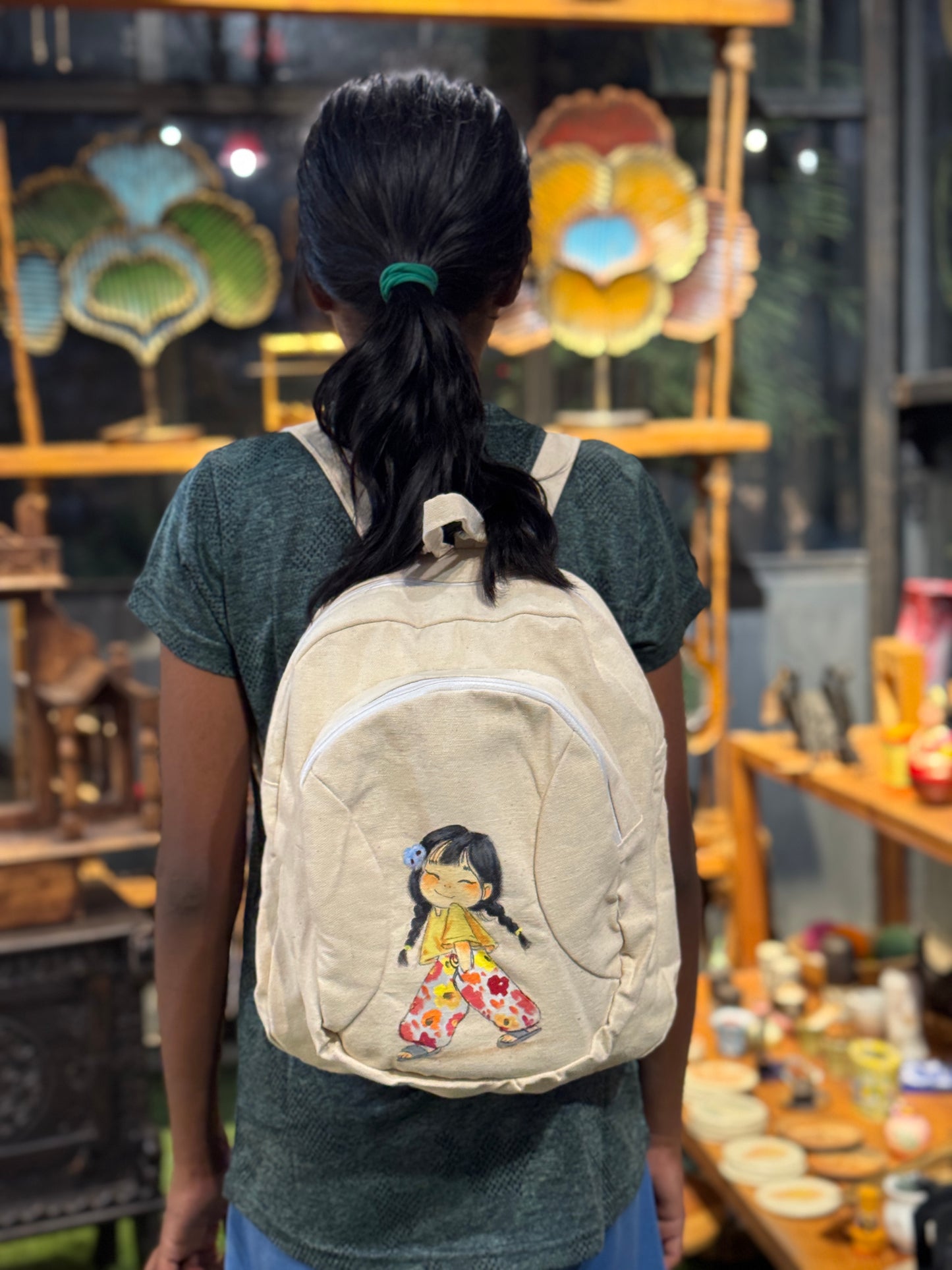 Little girl hand painted Off white canvas backpack with multiple compartments