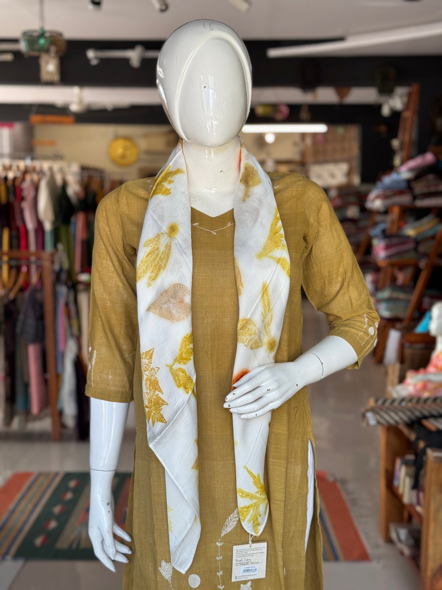 Eco printed modal satin scarf in off white n yellow tones