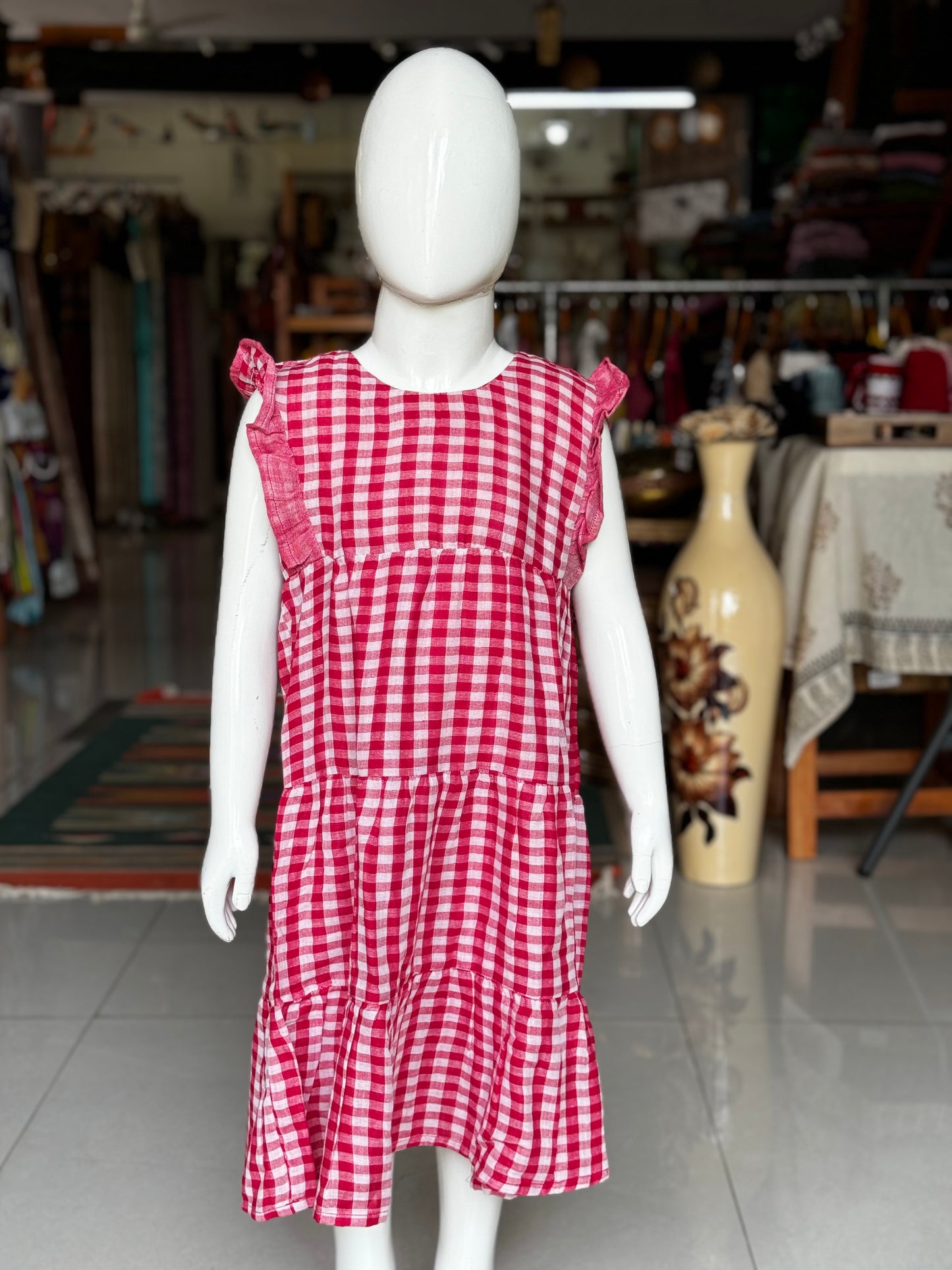 Red and white checks soft cotton gamcha frock for girls