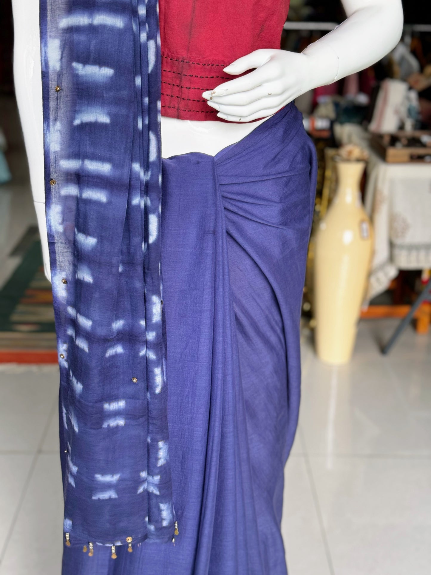 Blue hand embroidered soft cotton saree with maroon embroidered prestitched blouse