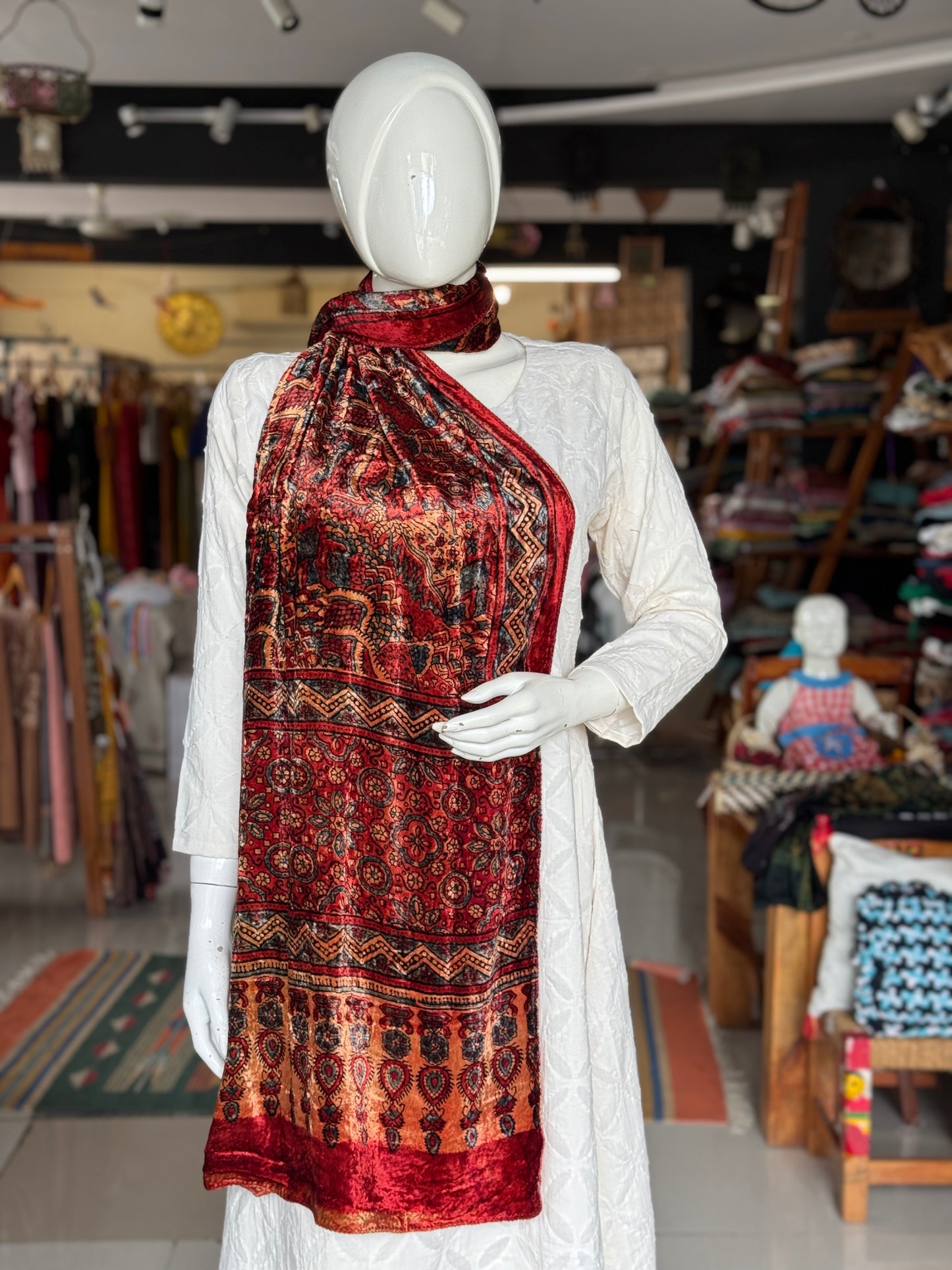 Luxurious Ajrakh hand block printed velvet stole