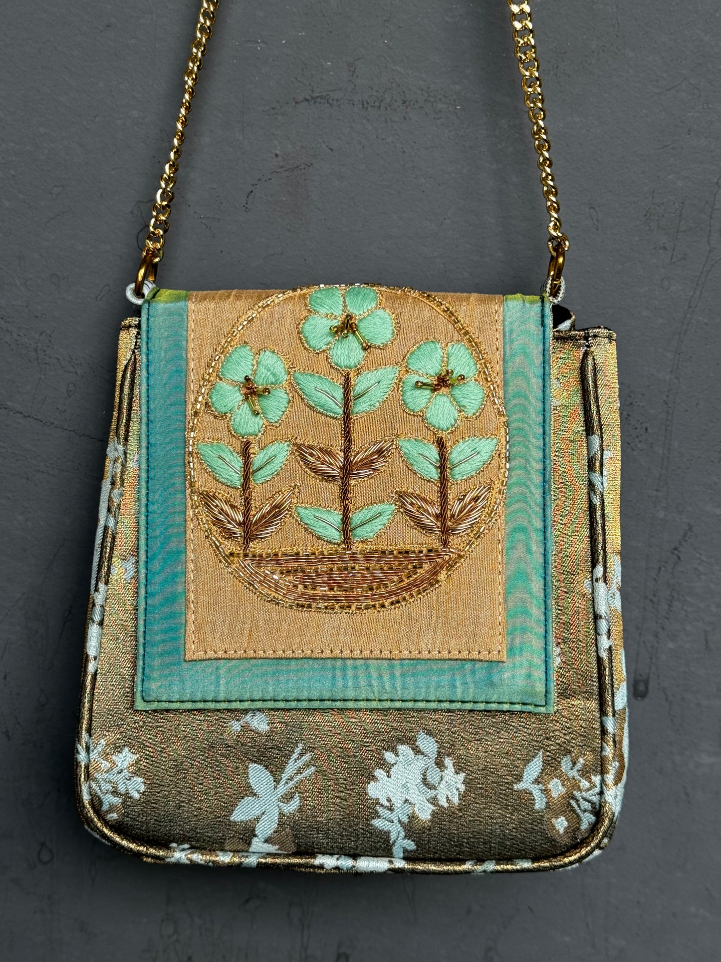 Silk embroidered party bag with chain