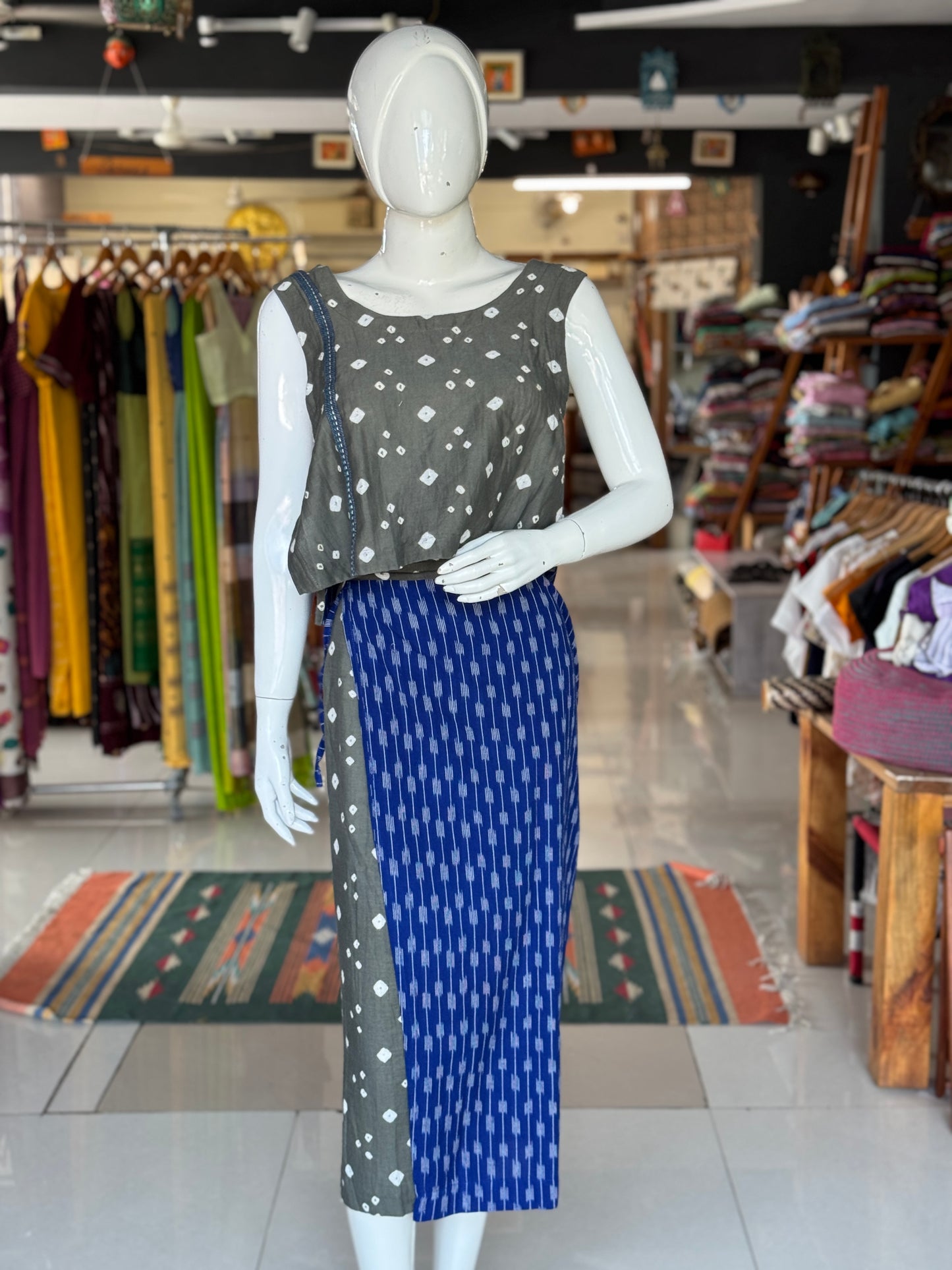 4 way handcrafted cotton coord set - free sized side ties crop top and calf length wrap around skirt