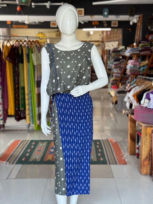 4 way handcrafted cotton coord set - free sized side ties crop top and calf length wrap around skirt