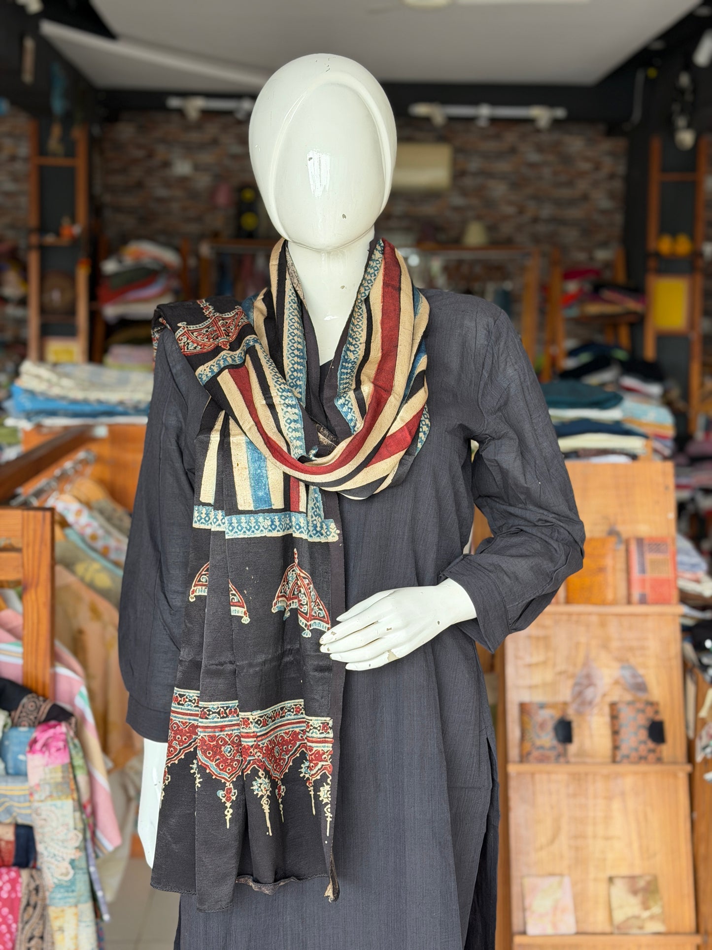 Umbrellas and stripes Ajrakh hand block printed mashru stole