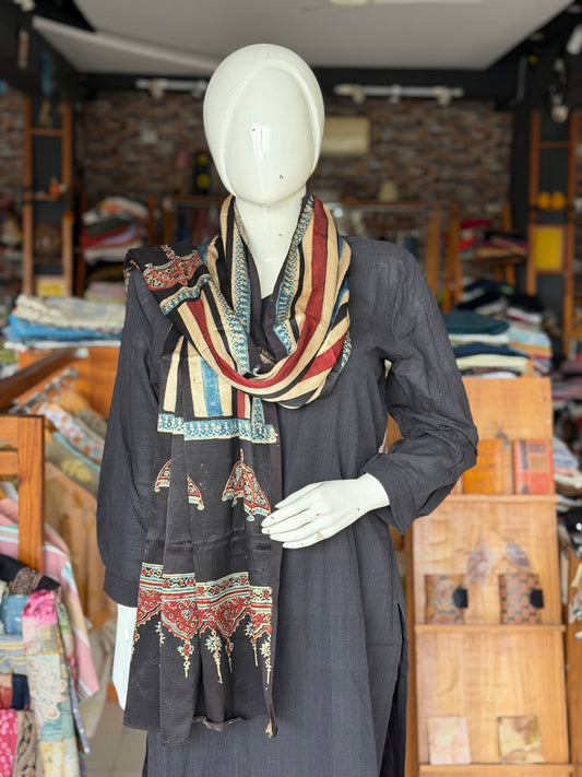 Umbrellas and stripes Ajrakh hand block printed mashru stole
