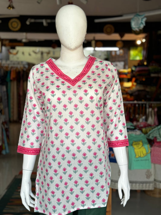 White and pink floral cotton short kurti