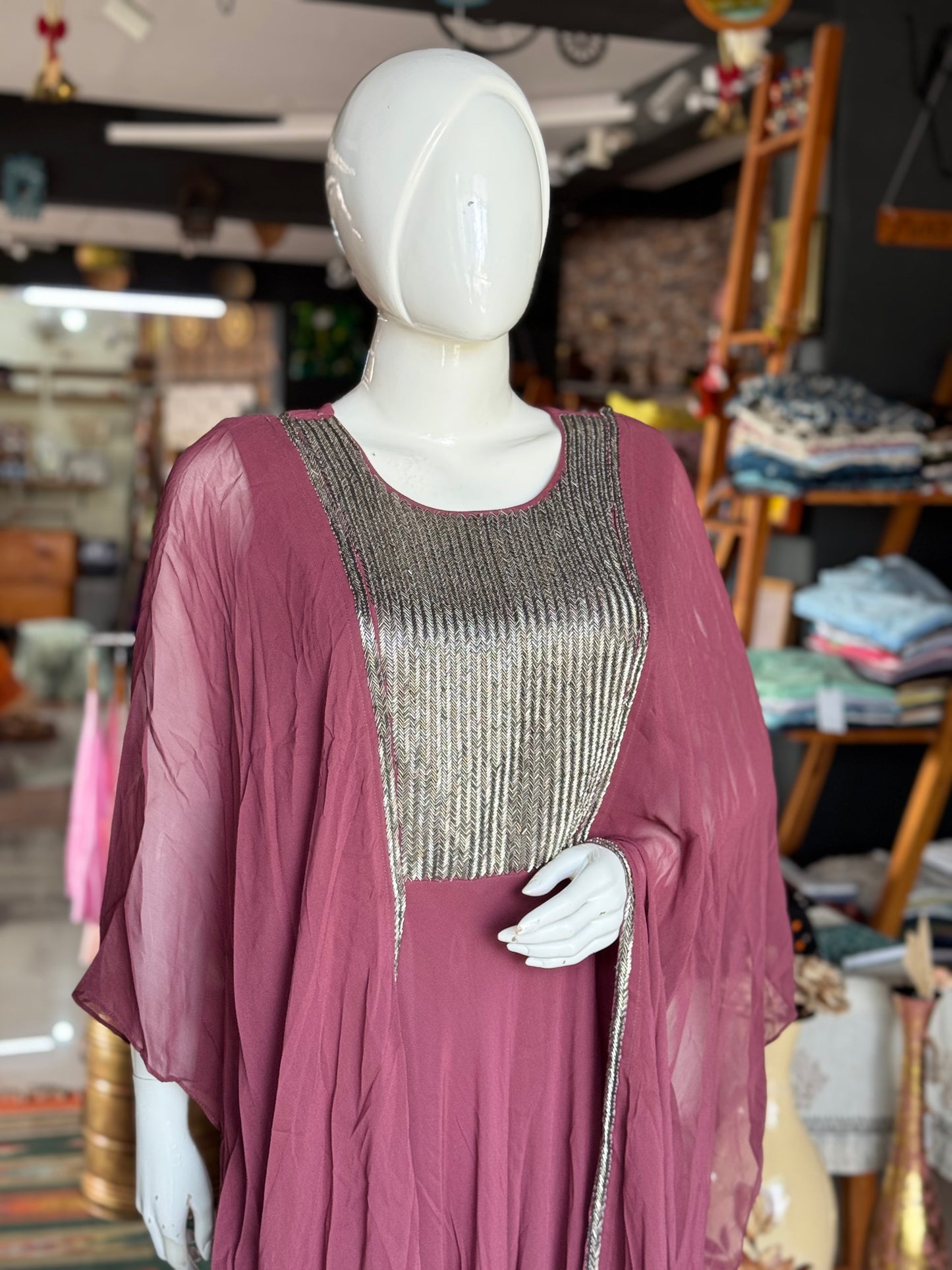 Georgette dress with attached drape and heavy front embroidery - party outfit