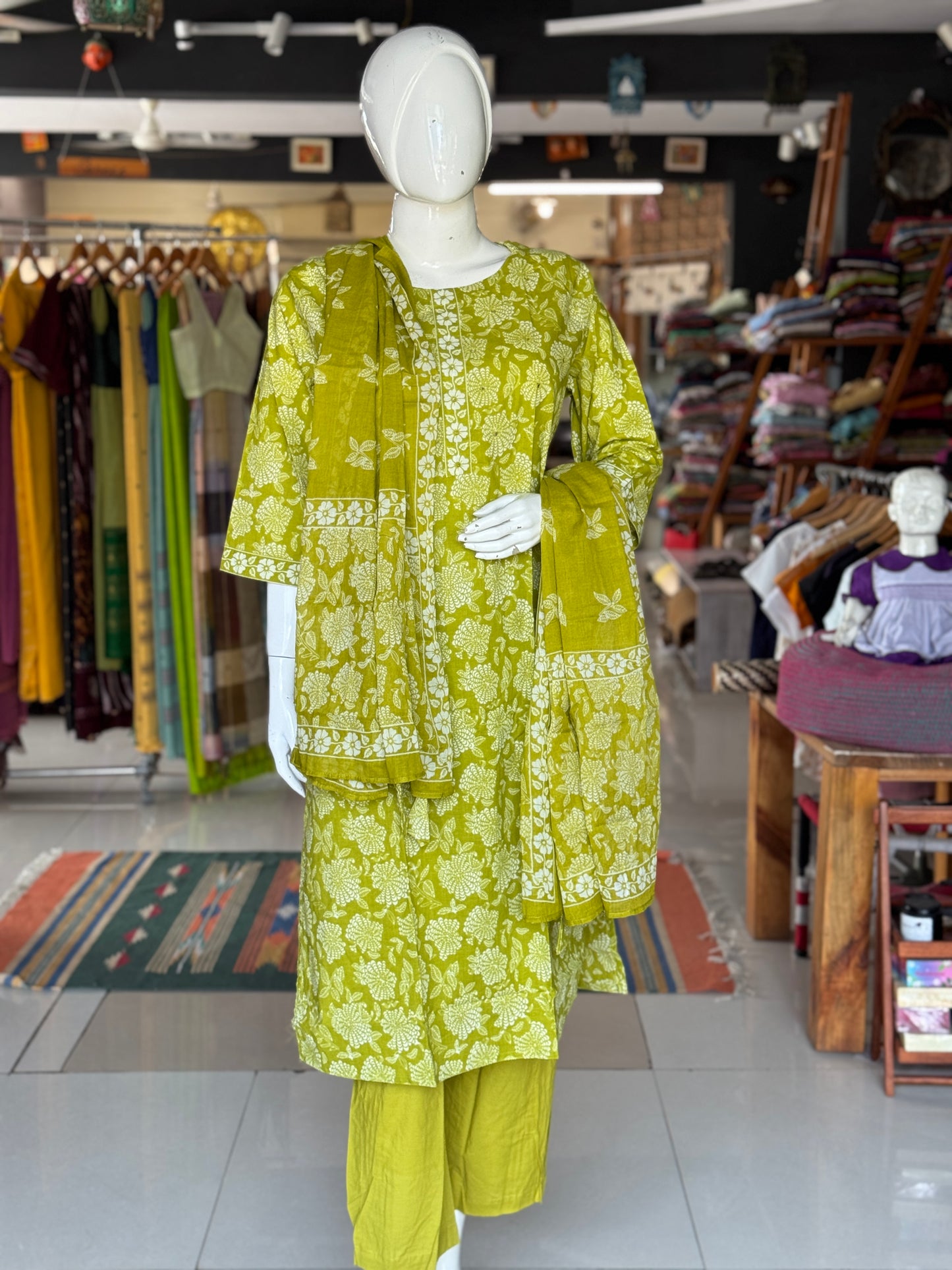 Green floral plus size cotton embroidered straight kurti, pants and dupatta - 3 piece suit set - multiple sizes available