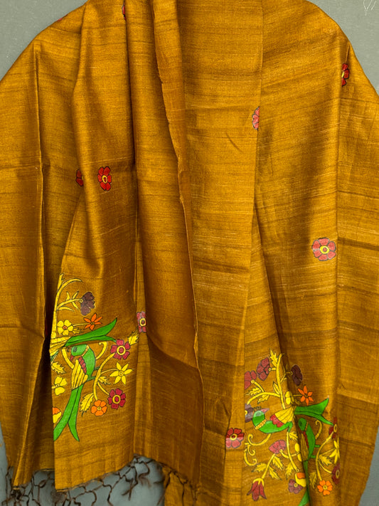 Brown hand woven pure silk stole with hand painting