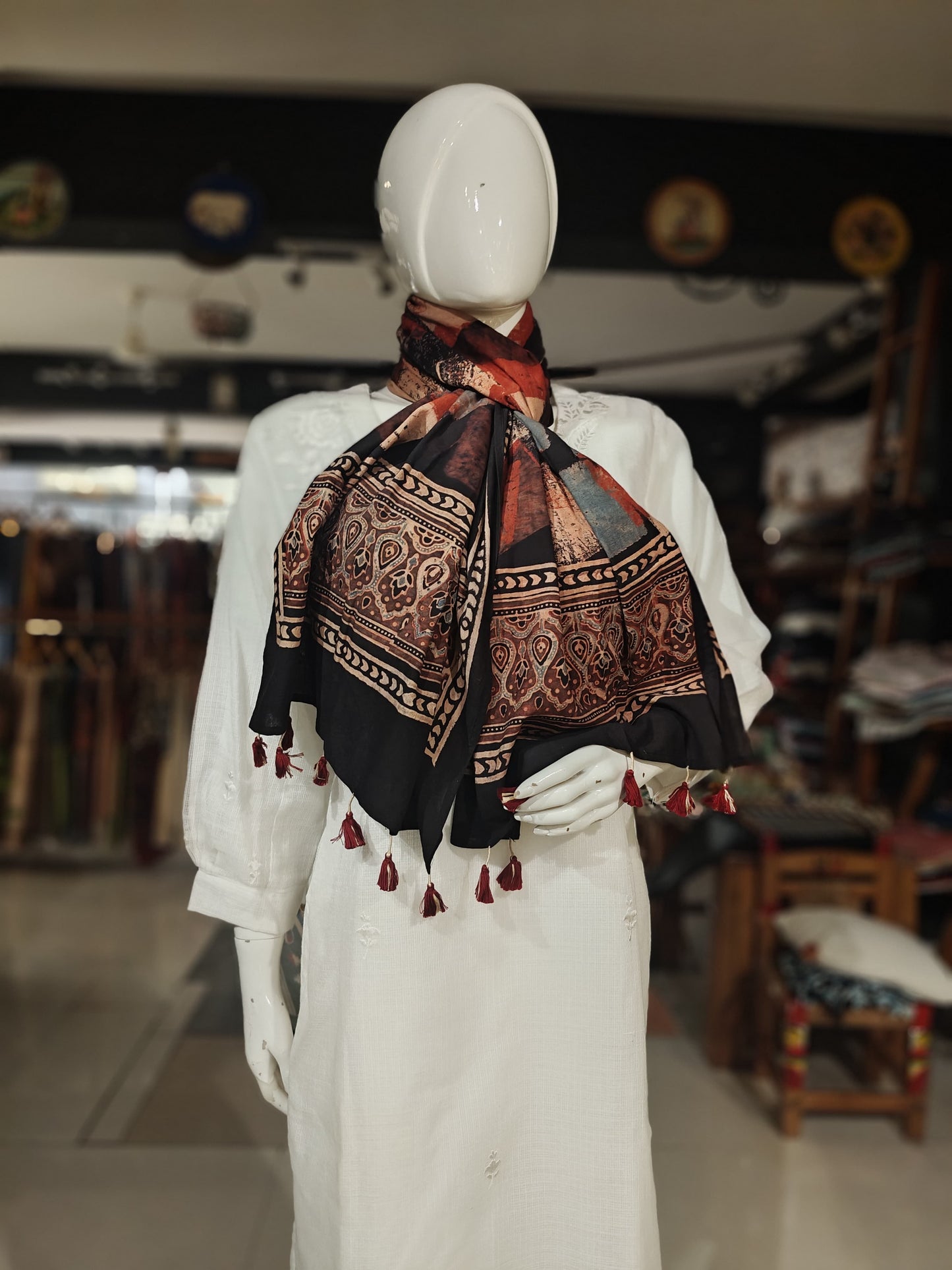 Ajrakh cotton stole - hand block geometric prints