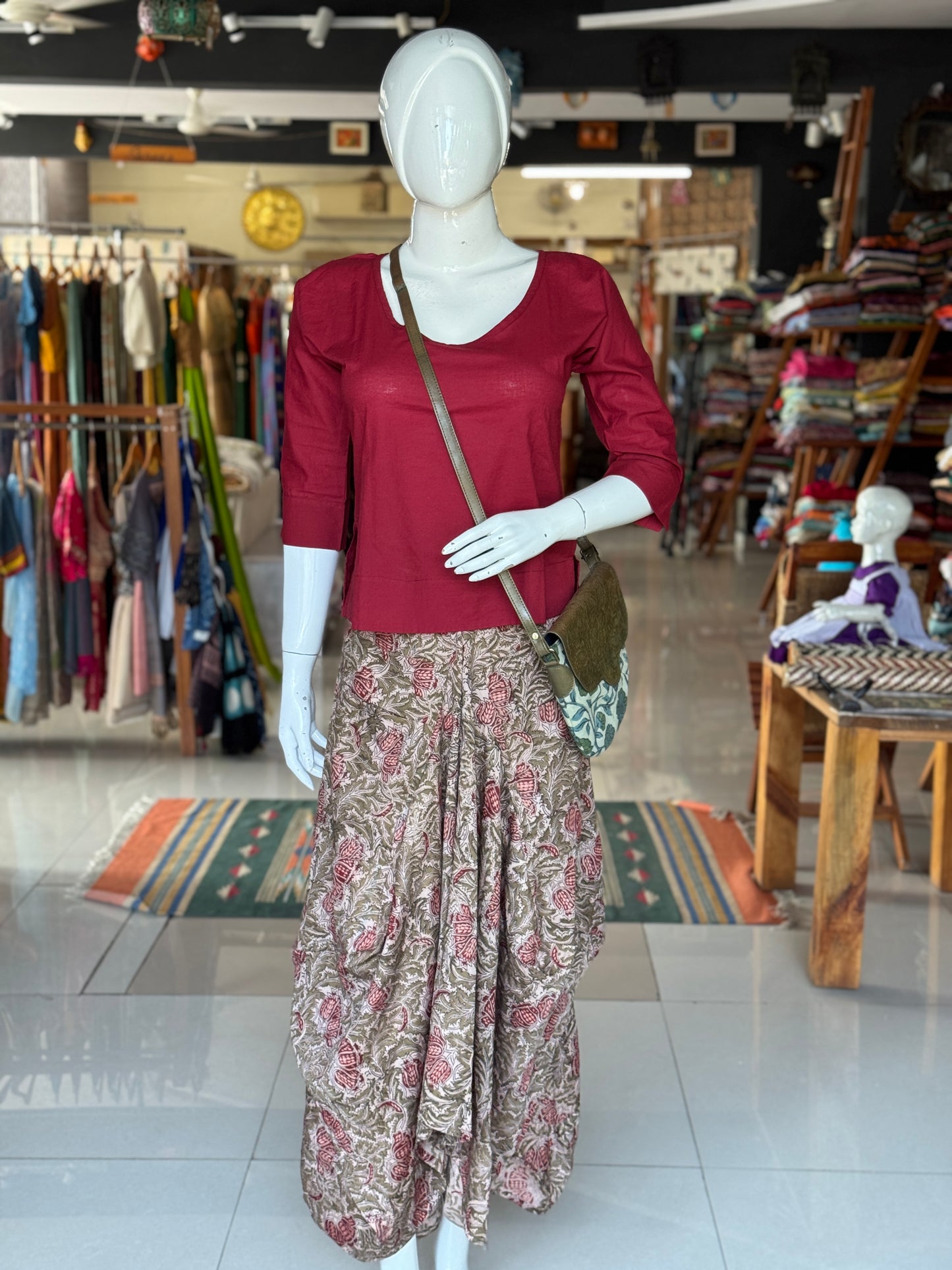 Olive green Kalamkari hand block printed cotton satin designer cowl skirt - with pockets