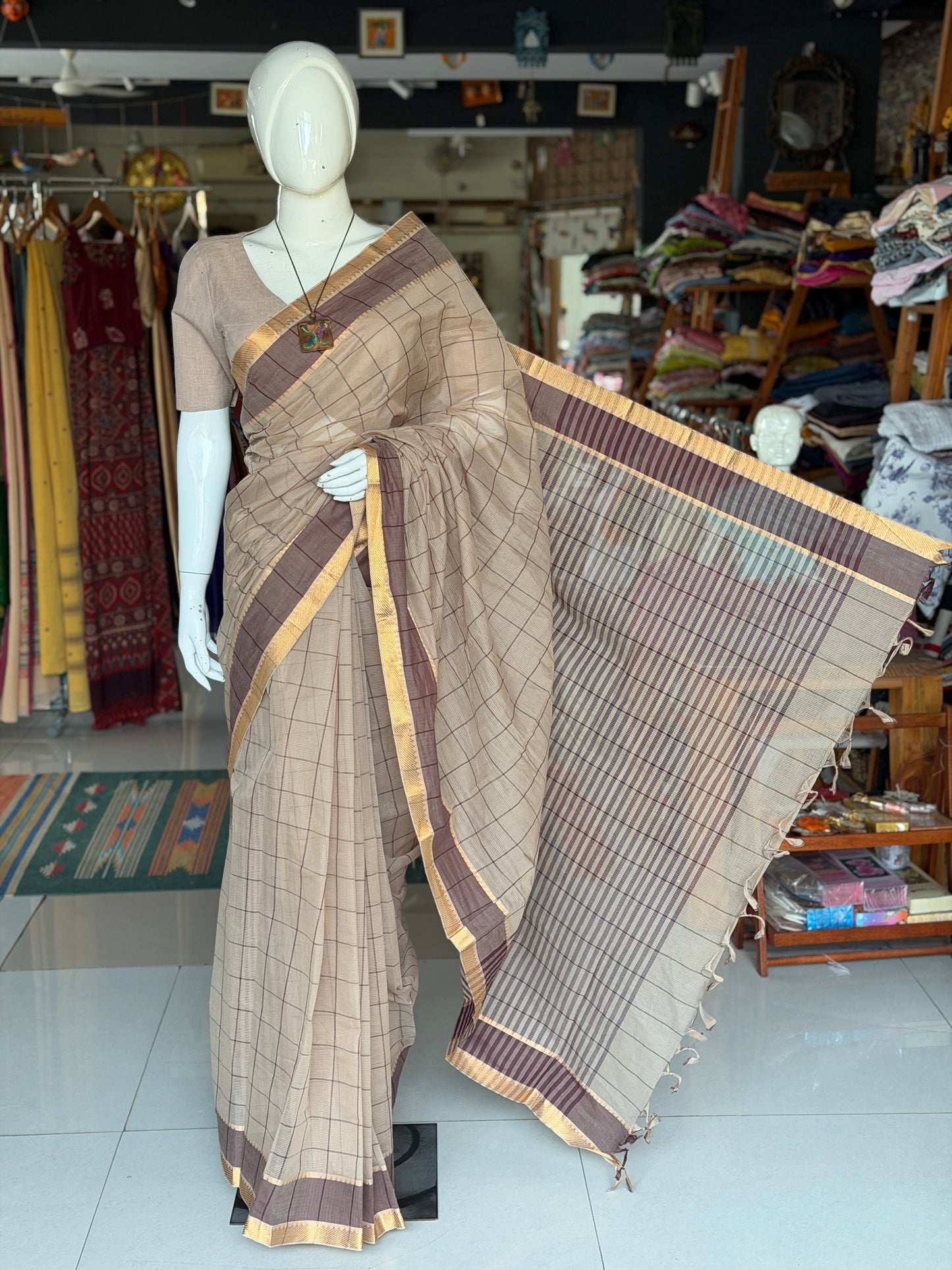 Light brown and wine checks Mangalagiri handloom cotton saree