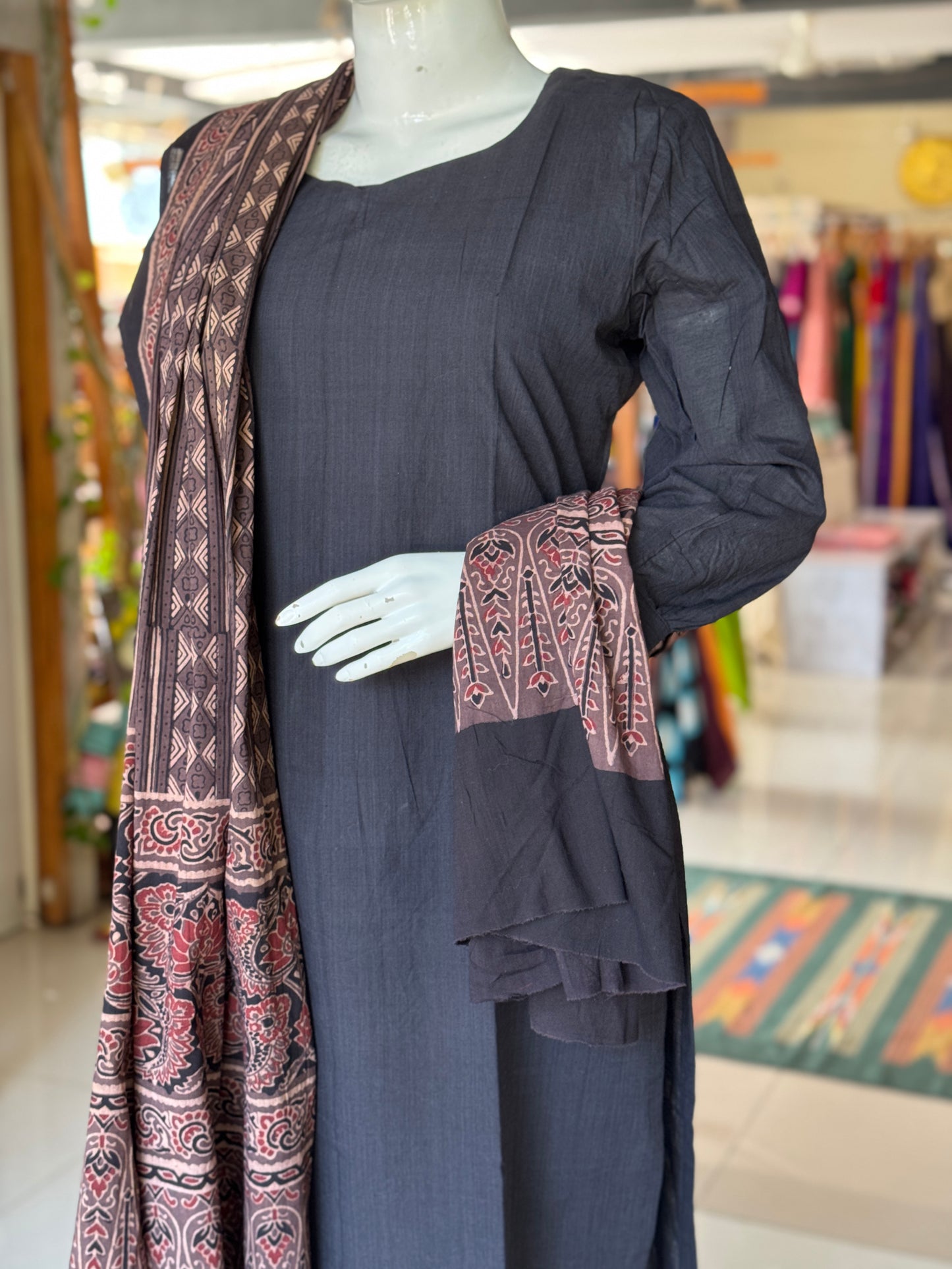 Understated elegance - Ajrakh natural dyed, hand block printed cotton dupatta n pants with handwoven plain mangalagiri cotton kurta - 3 piece suit set