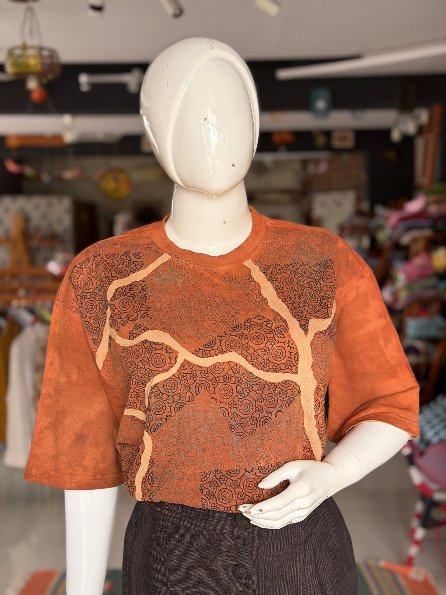 Rust orange Ajrakh hand block printed, natural dyed, unisex cotton t-shirt