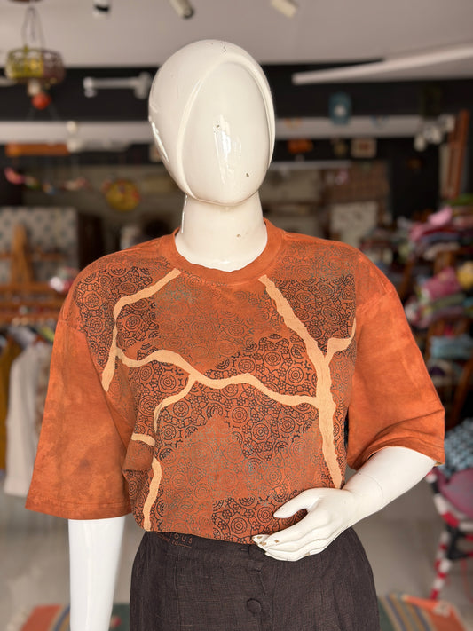 Rust orange Ajrakh hand block printed, natural dyed, unisex cotton t-shirt