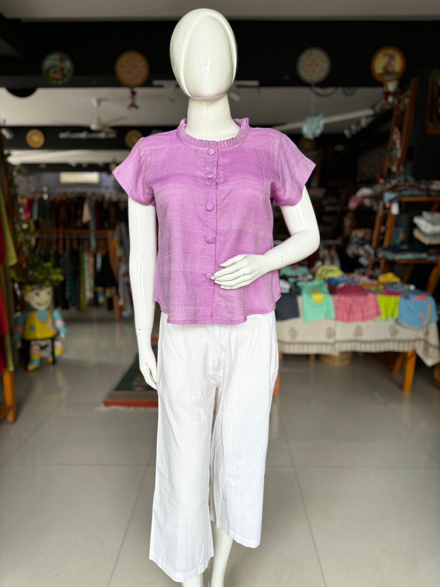 Twill weave handloom cotton top with frill neckline