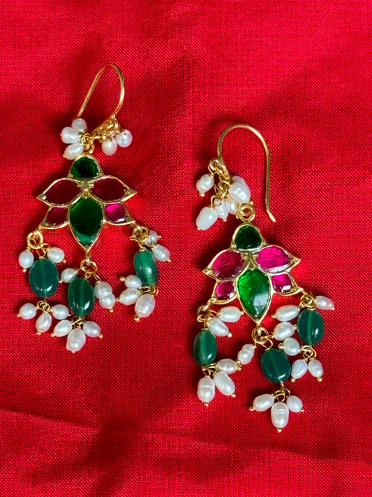 Pink and green stones gutta poosalu hooks earrings - Gold polish 92.5 sterling silver