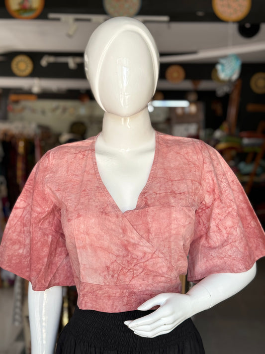 Rusty pink hand block printed, natural dyed, wrap style free size cotton crop top blouse